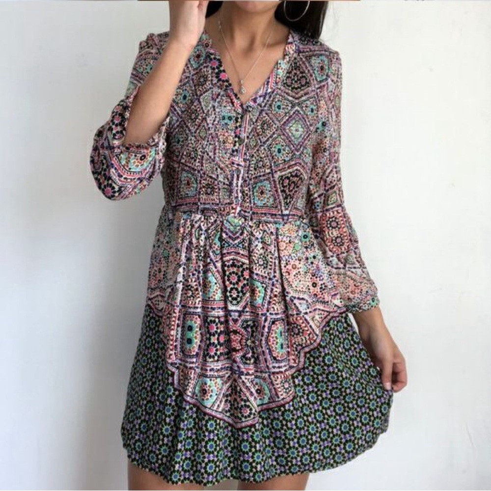 Maeve Anthropologie Boho Jewel Print Mini Dress Small Mosaic Floral Y2K Chic